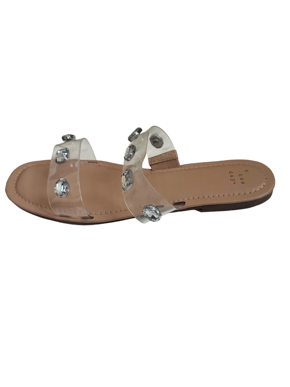 A New Day Slip On Tan Sandals with Rhinestone Embellished Clear Straps